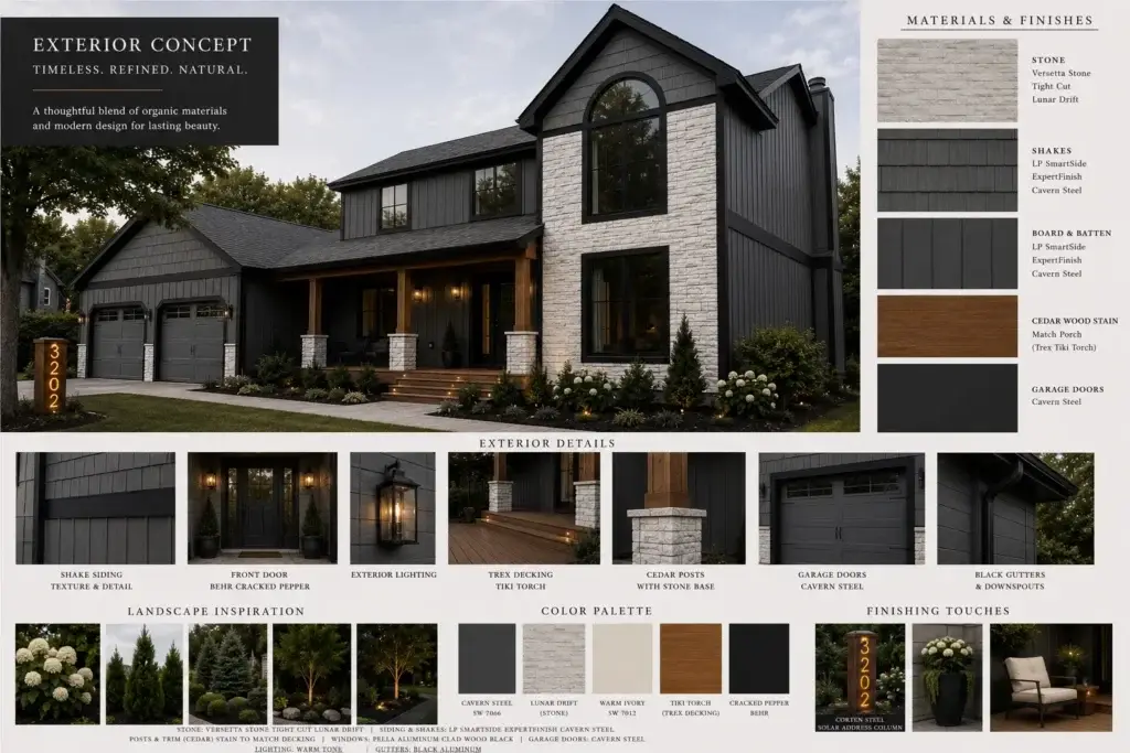Exterior concept board: materials, finishes, color palette and landscape inspiration